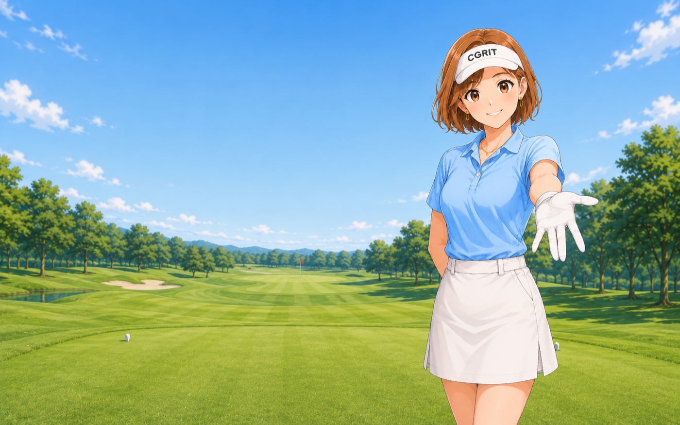 晴れたゴルフコースを背に、片手を差し出して迎える案内役の女性
