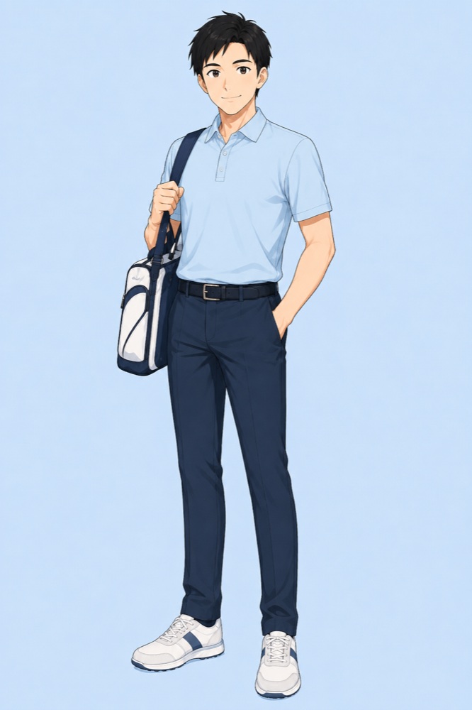 行き帰りの服装例。ジャケットを着ず、襟付きシャツとスラックスで揃えた男性