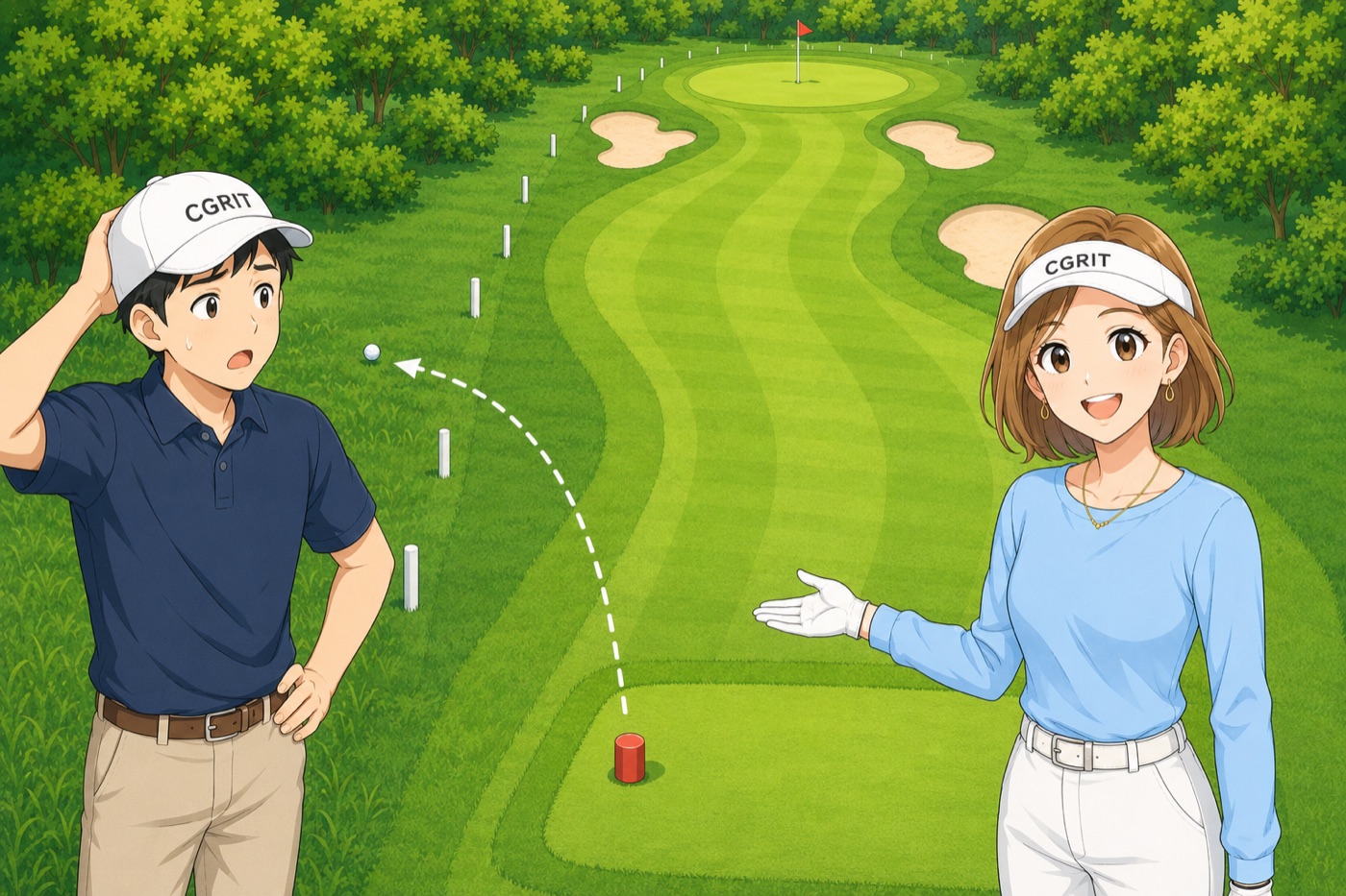 打球が白杭の外へ飛び出してOBになった様子。困る初心者の男性と、前方の赤い特設ティーを指し示す案内役の女性
