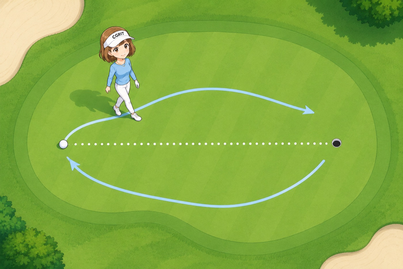 グリーンを真上から見た図。自分のボールとカップを結ぶライン（点線）を避け、後ろを回り込んで歩く動線を示す矢印