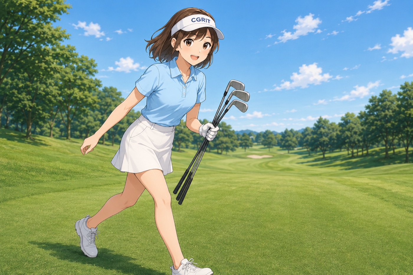 クラブを3本まとめて持ち、次の場所へ足早に移動する案内役の女性