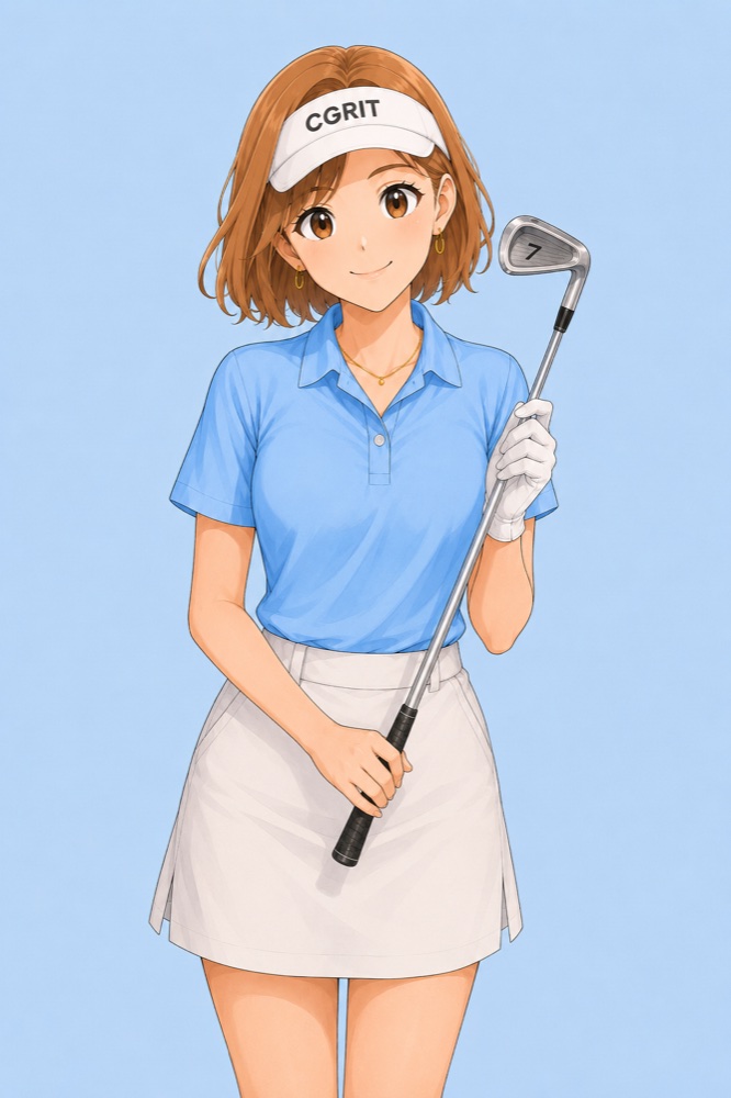 7番アイアンを手に持つ案内役の女性