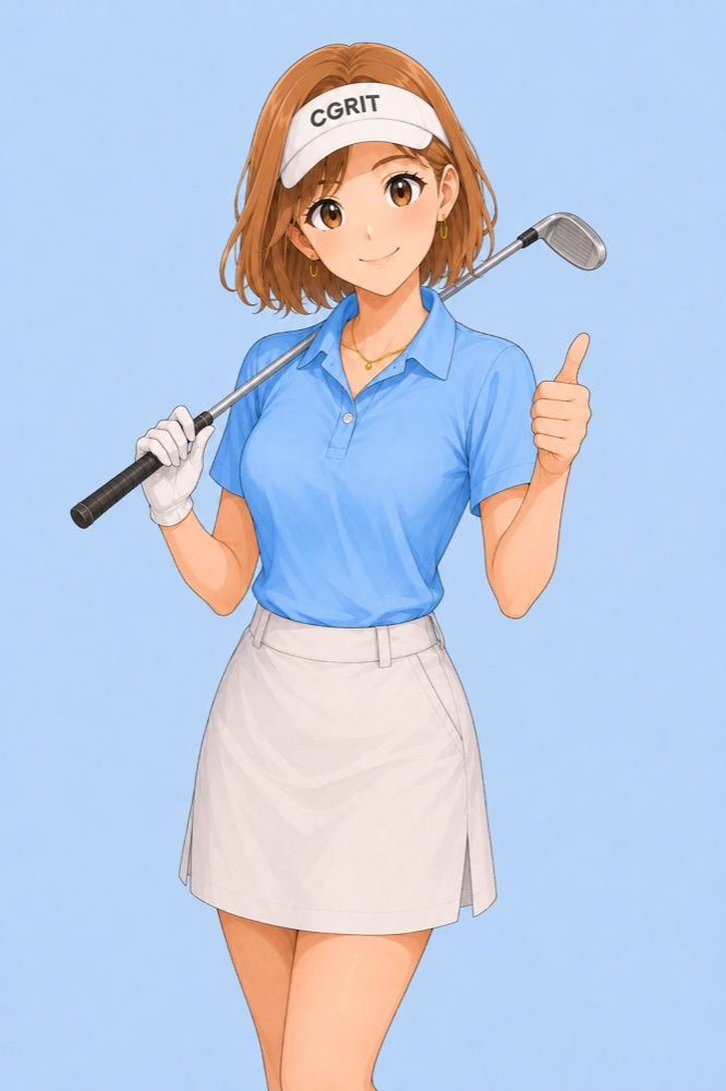 サンドウェッジを肩に掛けて親指を立てる案内役の女性