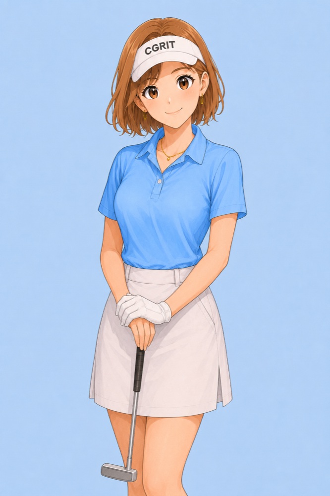 パターを持つ案内役の女性